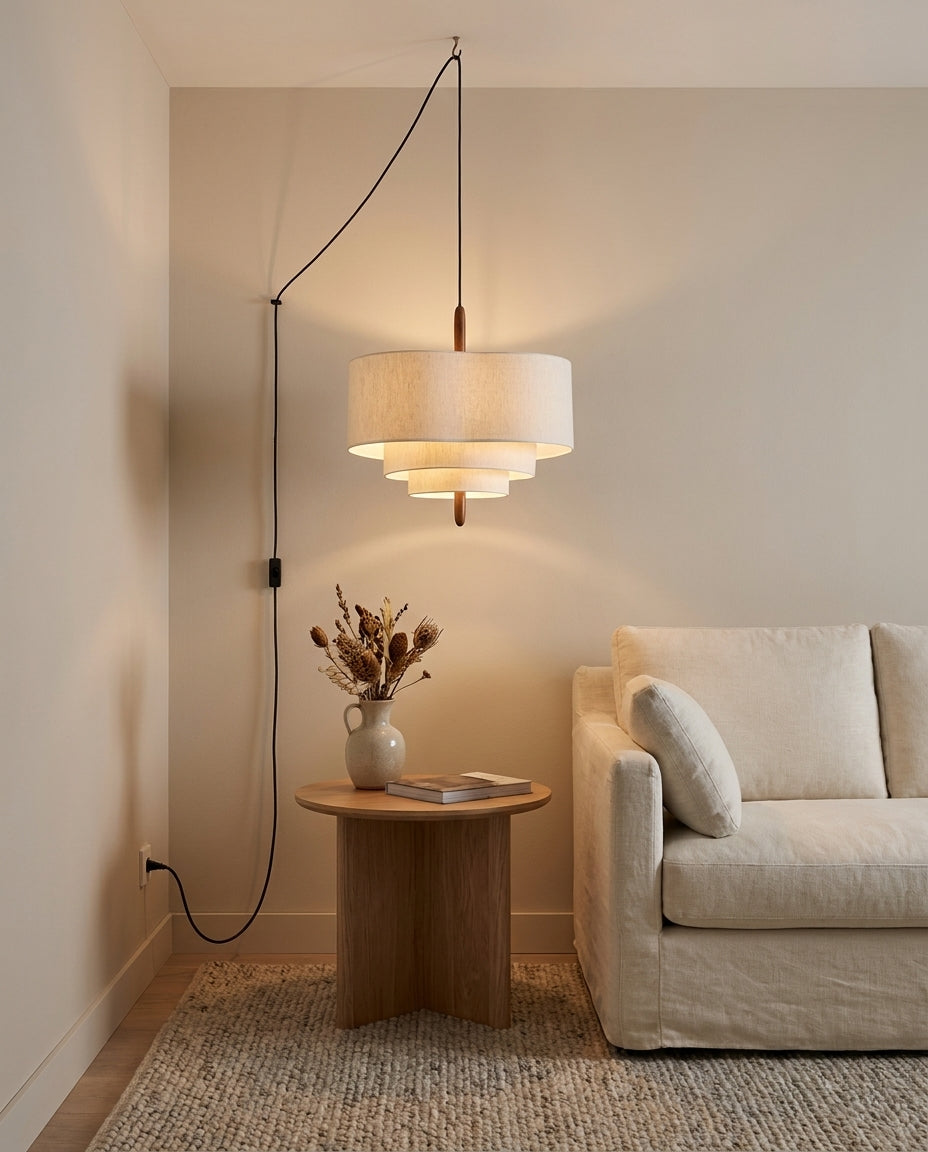 Tiered Fabric Wood Plug-In Swag Pendant