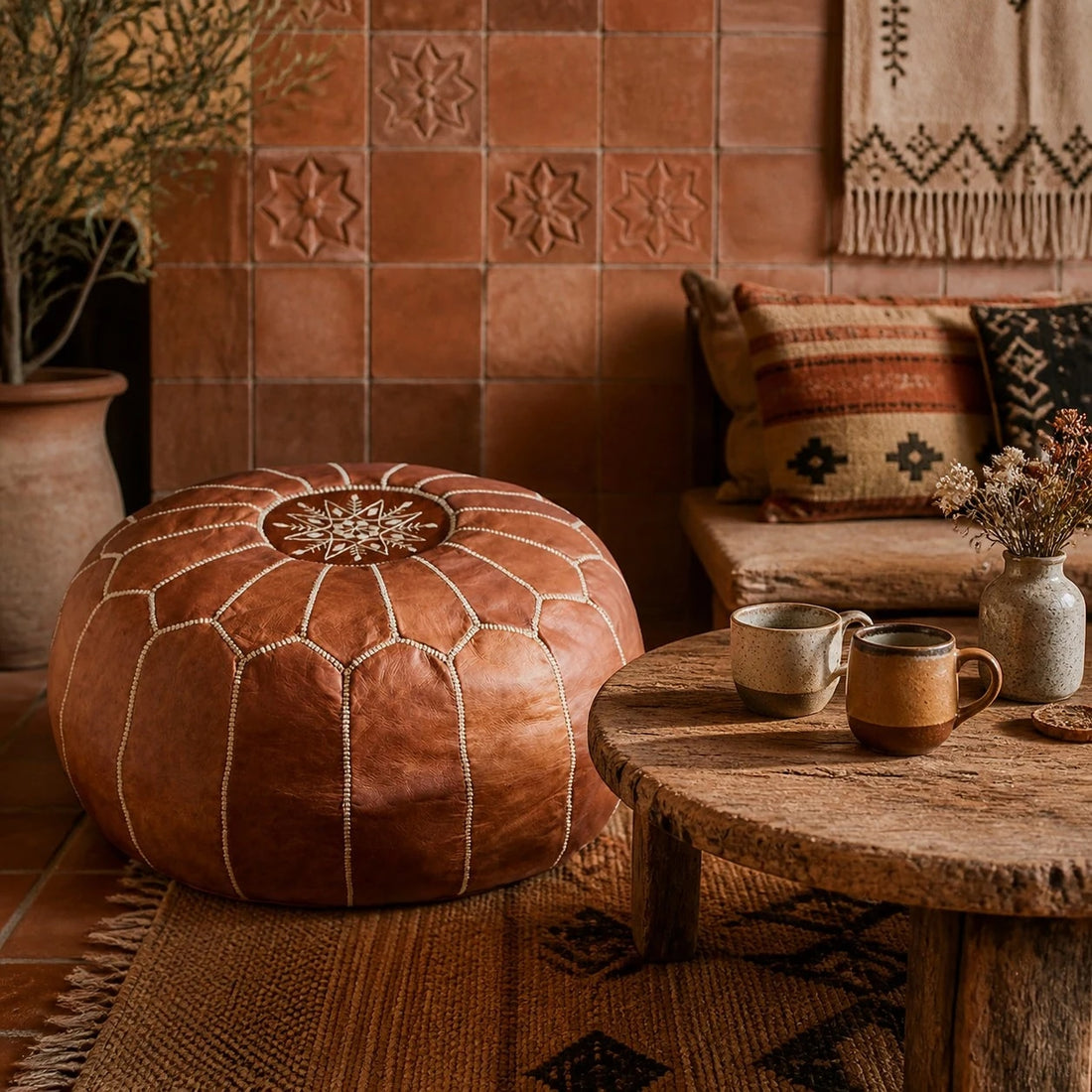 brown Moroccan pouf room scene