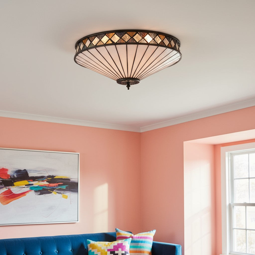 TF Fargo Geometric Flush Mount Light — Handcrafted Art Deco Stained Glass Lamp for Entryway