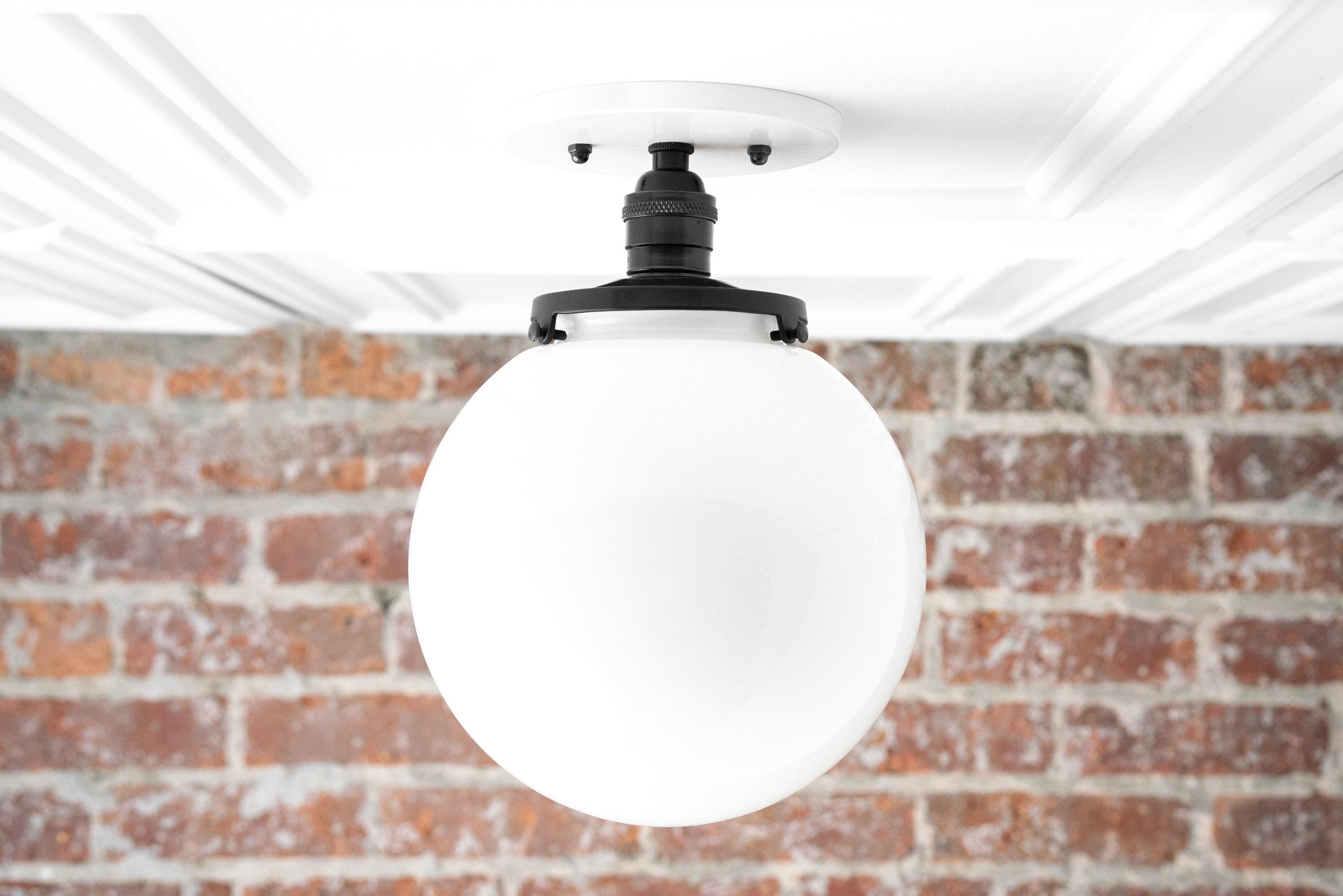 Glorica Glass Mid Century Semi Flush Ceiling Light - White Opal Glass Globe Fixture