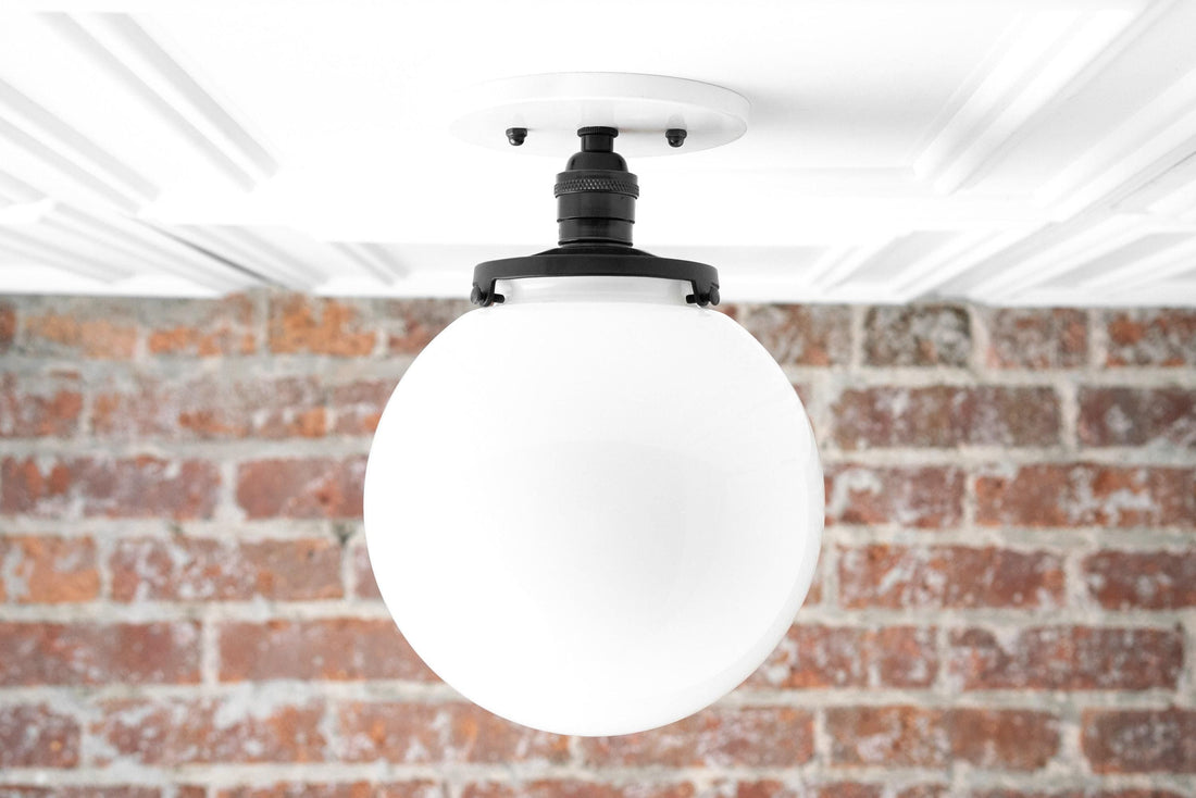 Glorica Glass Mid Century Semi Flush Ceiling Light - White Opal Glass Globe Fixture