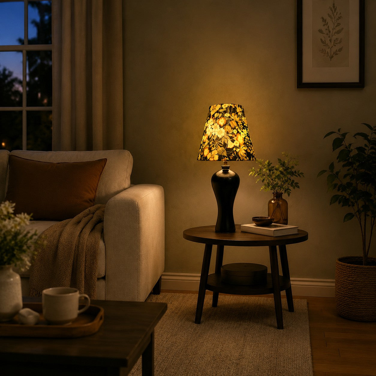 Black floral table lamp beside sofa
