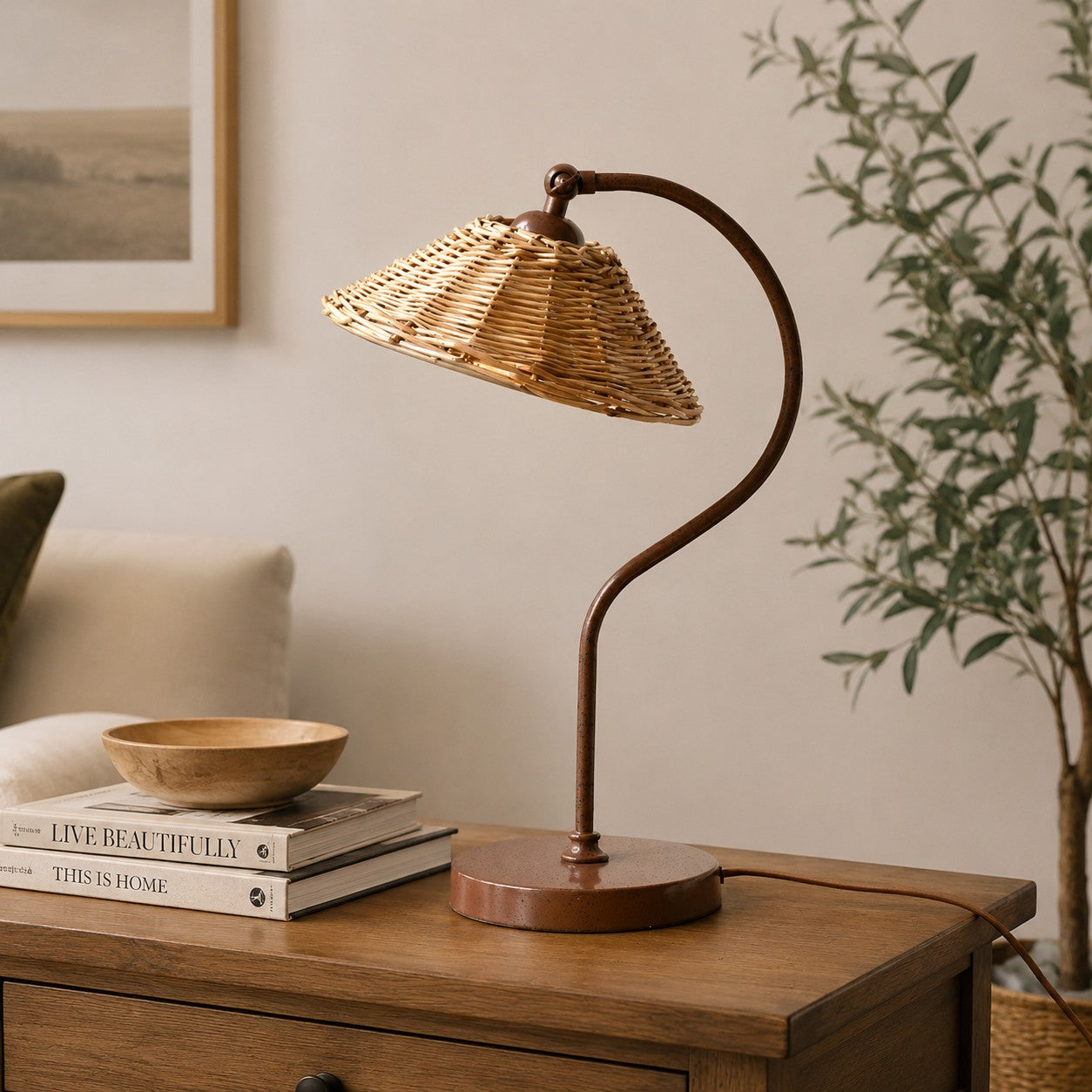 Handwoven Rattan Shade Table Lamp with Curved Metal Frame