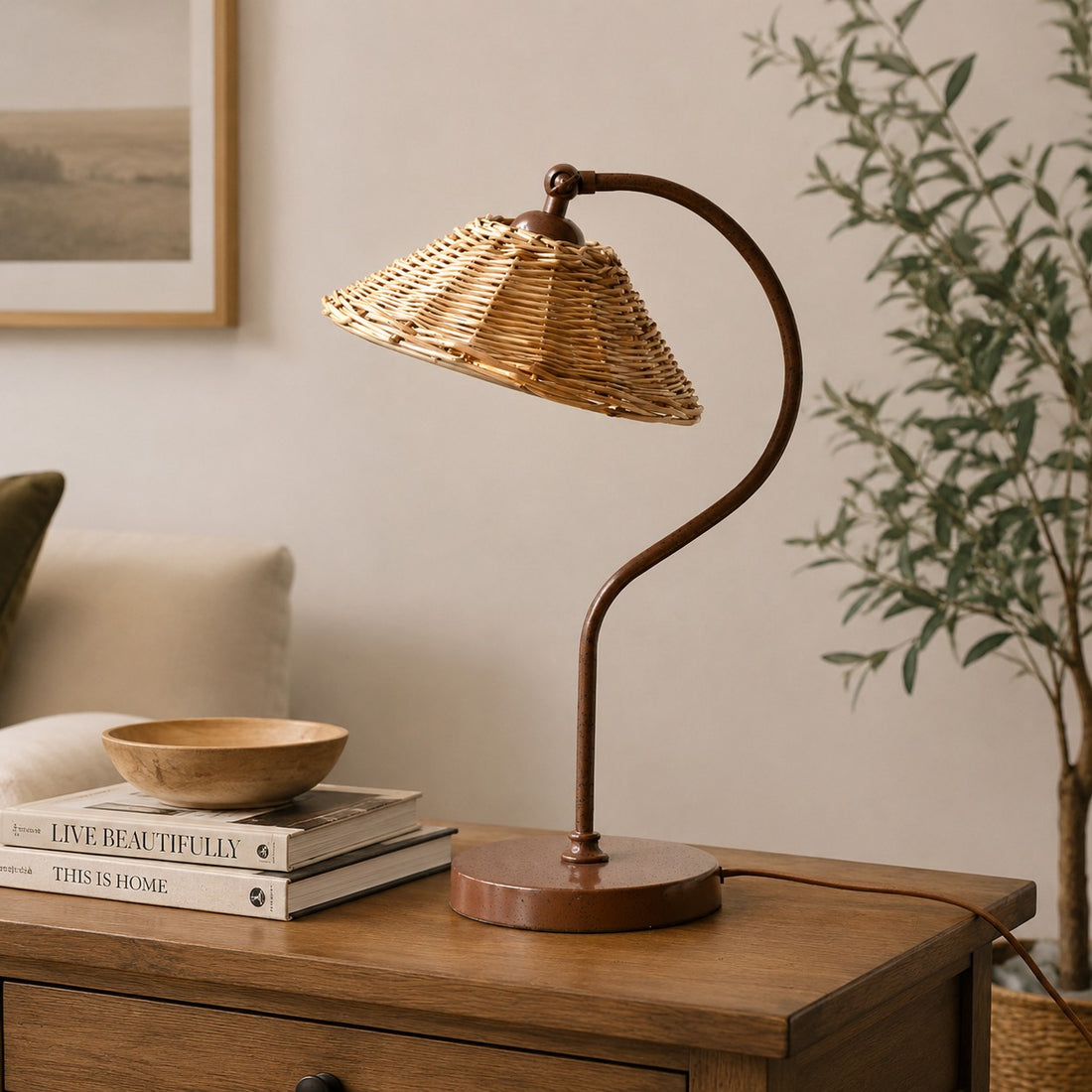 Handwoven Rattan Shade Table Lamp with Curved Metal Frame