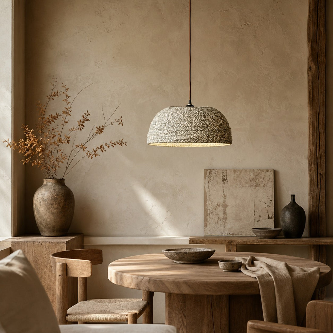 Gathered Fabric Pendant Lamp with Botanical Pattern Option