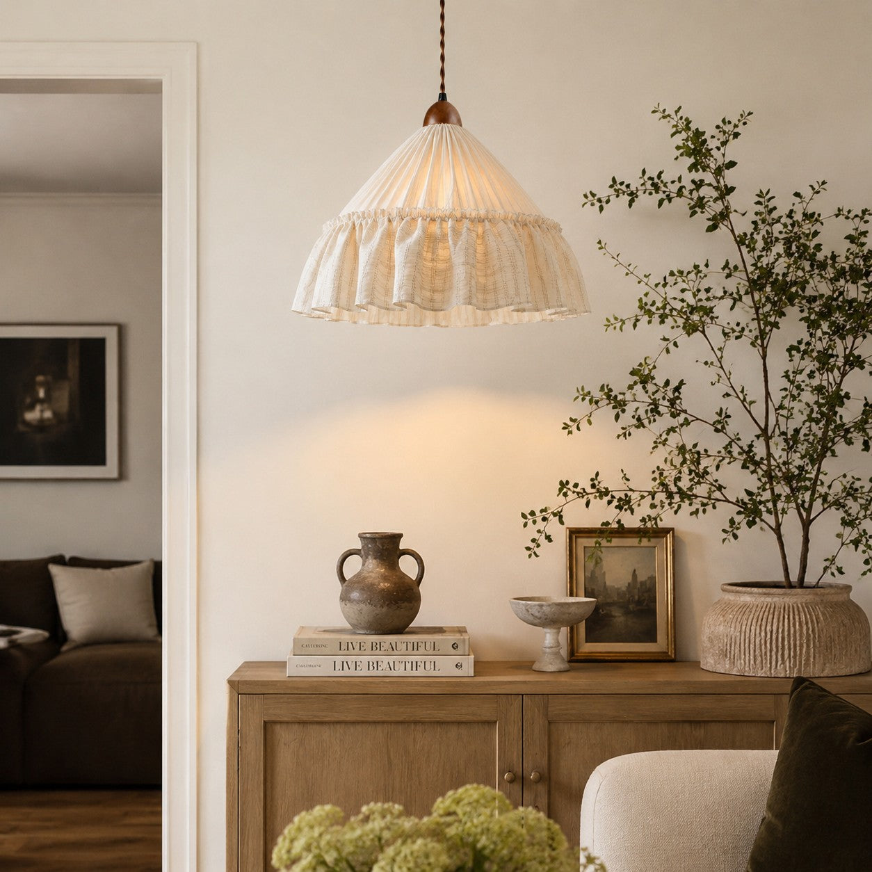 French Country Ruffled Fabric Pendant Light
