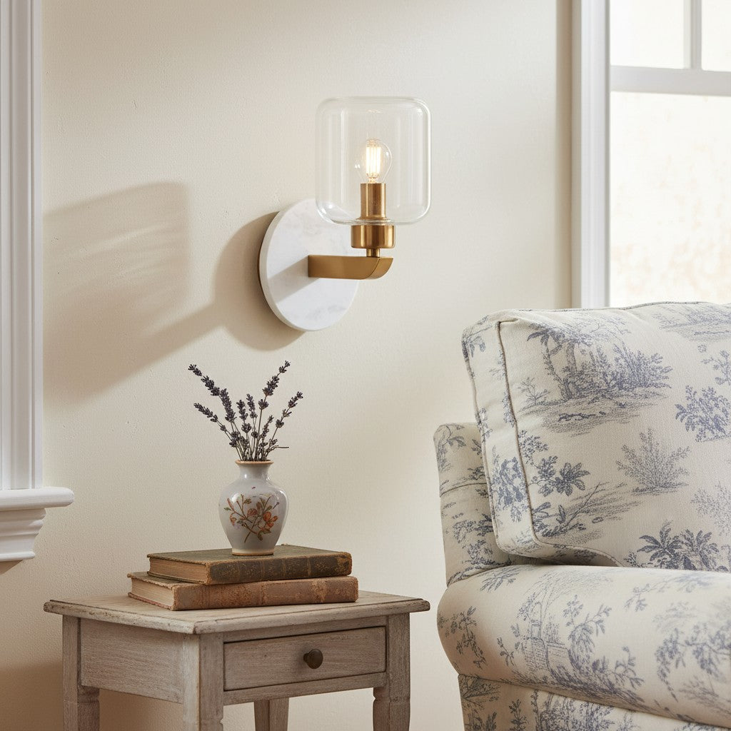 Korlisse Modern Marble Wall Light - Vintage Brass & Clear Glass Accent for Living Room and Hallway