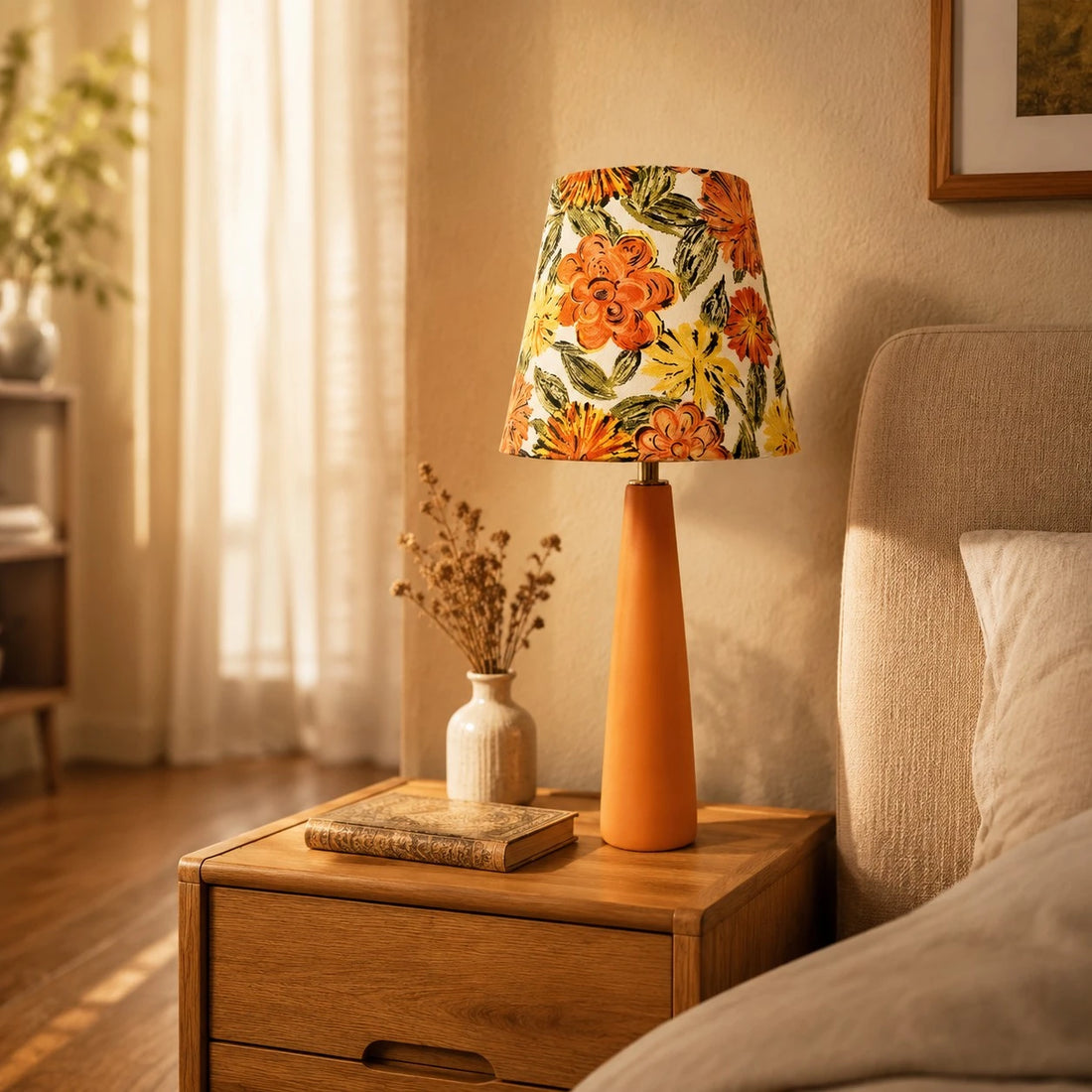 Liberty Fabric Floral Ceramic Table Lamp with Orange Handmade Base