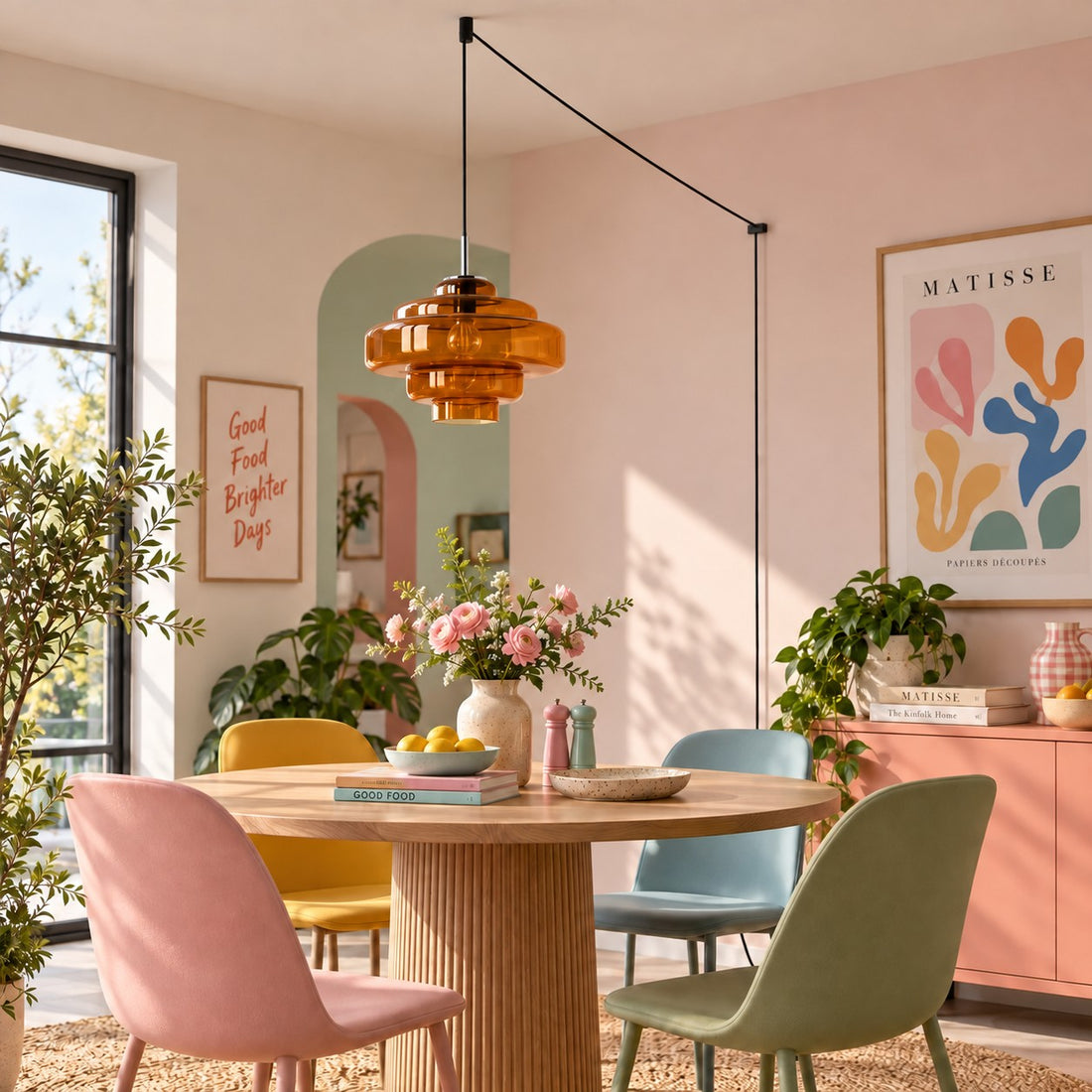 Koloro Millie Glas-Pendelleuchte mit Stecker - Retro-Pendelleuchte in bunten Farben für moderne Innenräume