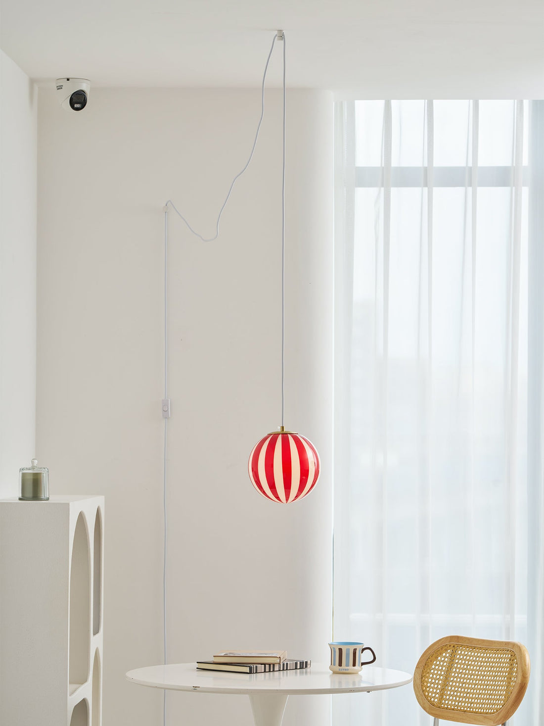 Red Striped Glass Globe Hardwired Pendant