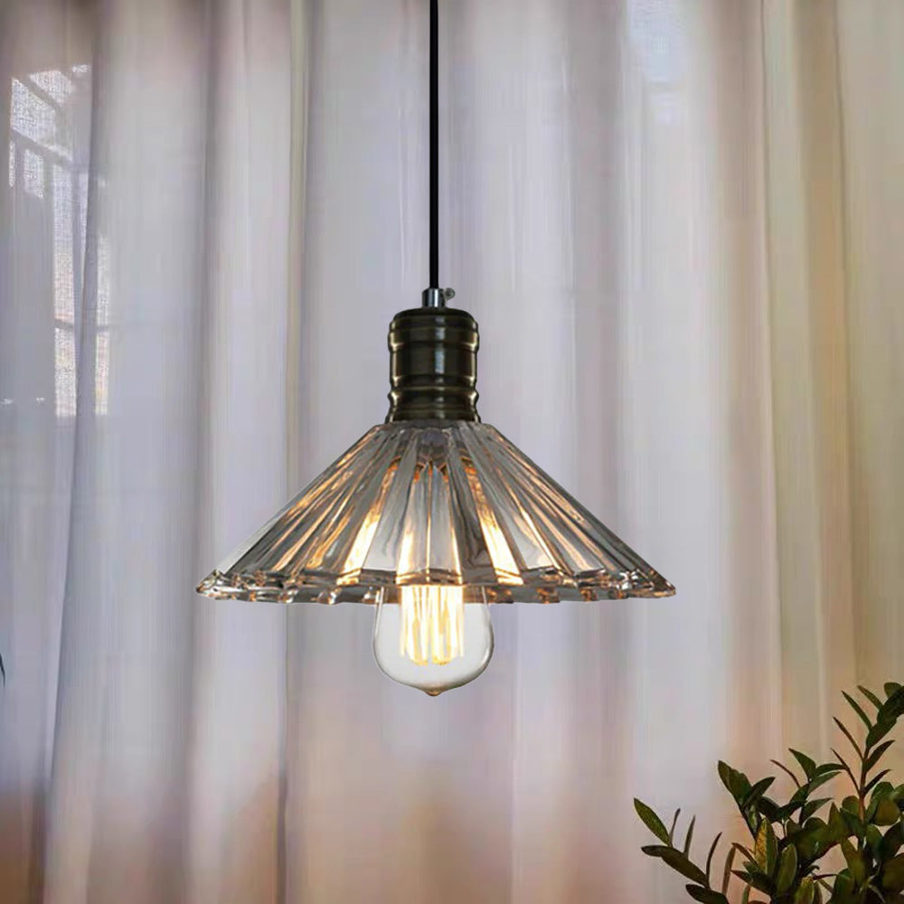 Retro Striped Glass Pendant Light - Creative Bowl Design for Bedroom