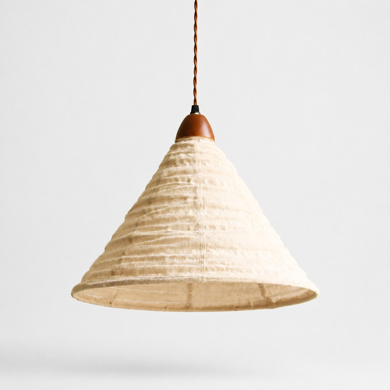 Pleated Fabric Cone Pendant Light with Wood Holder