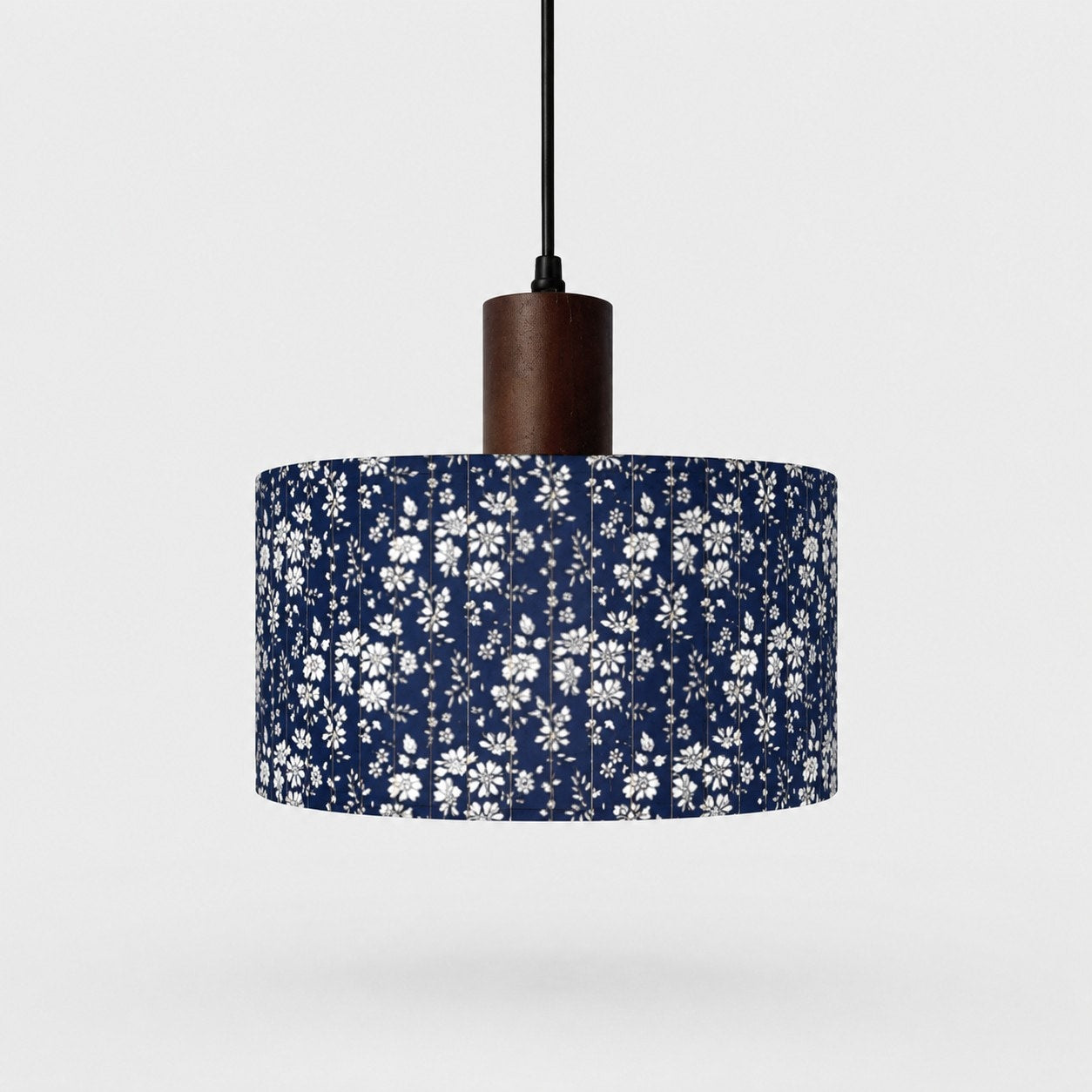 Blue floral patterned fabric drum pendant light, 25 cm shade