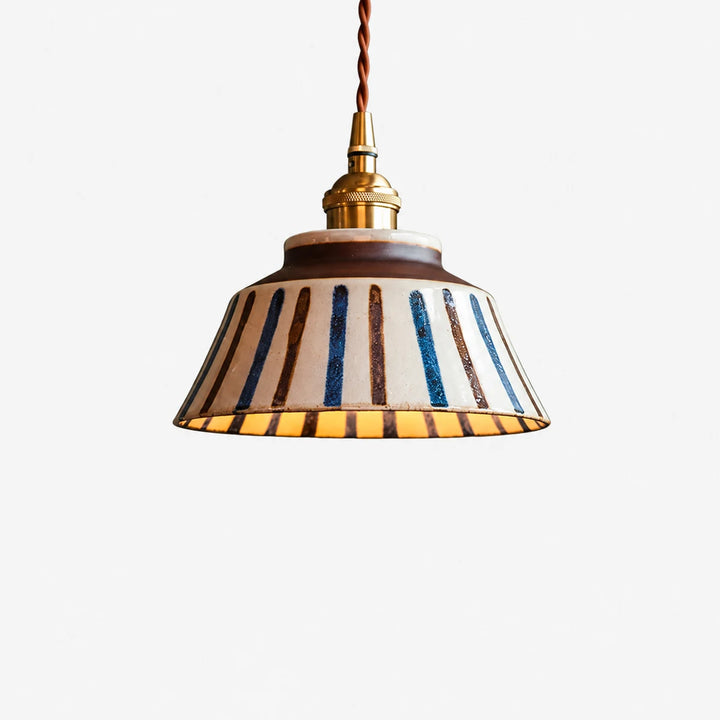 White stripe hand-painted ceramic pendant lamp with brass-tone socket