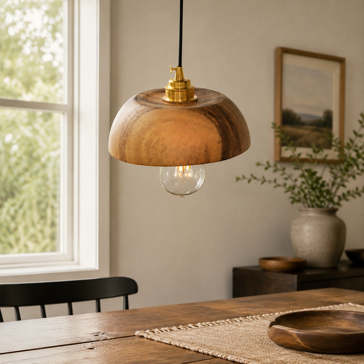 Handcrafted Walnut Wood Dome Pendant Light