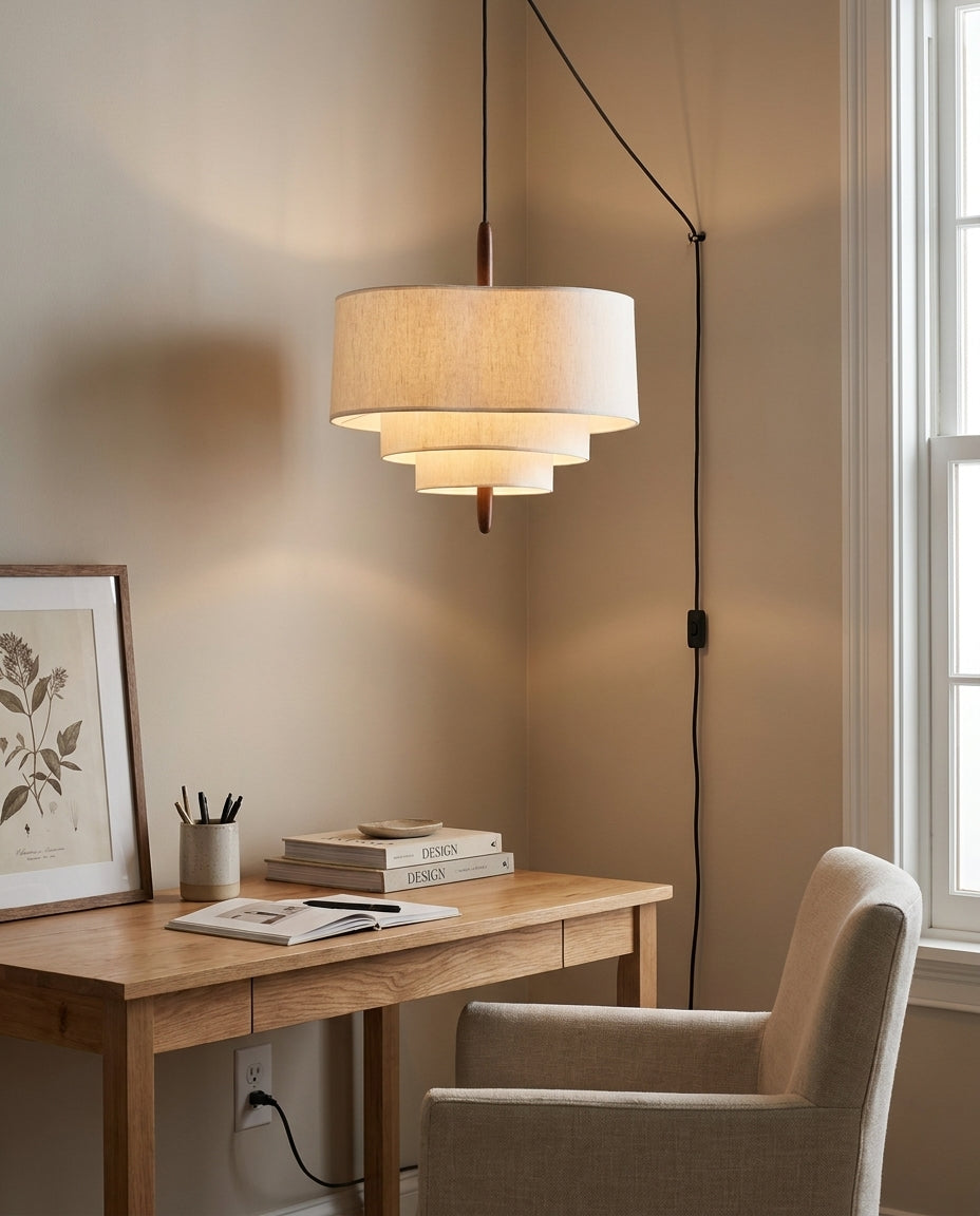 Tiered Fabric Wood Plug-In Swag Pendant