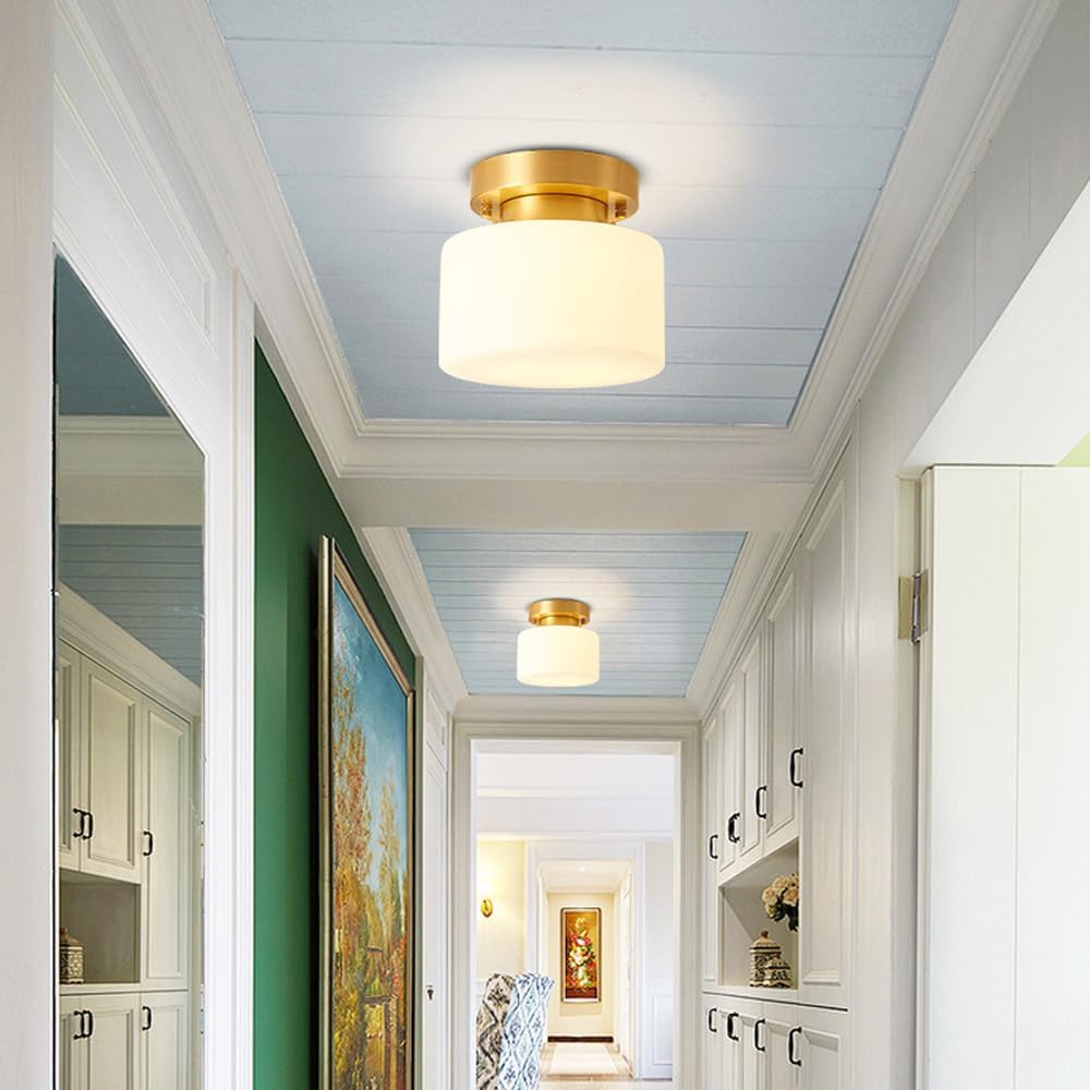 Brass Ceiling Light - White Glass Semi-Flush Modern Design for Hallway