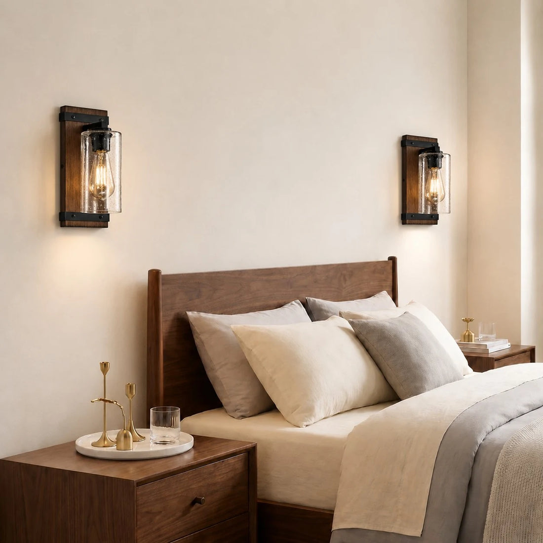 Wall sconce installed beside a bedroom nightstand