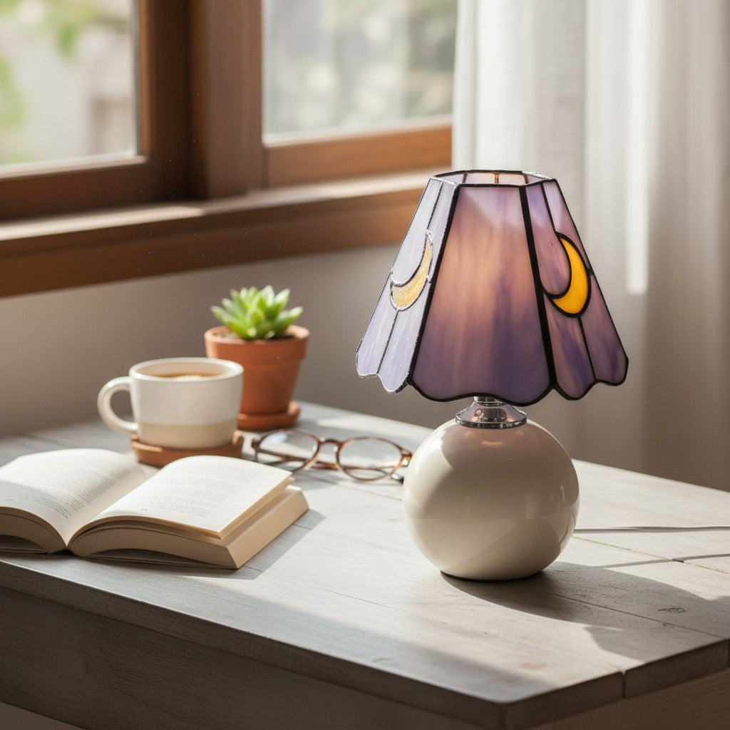 Stellum Mushroom Moon Stained Glass Table Lamp Artistic Accent Light Ceramic Base for Living Spaces