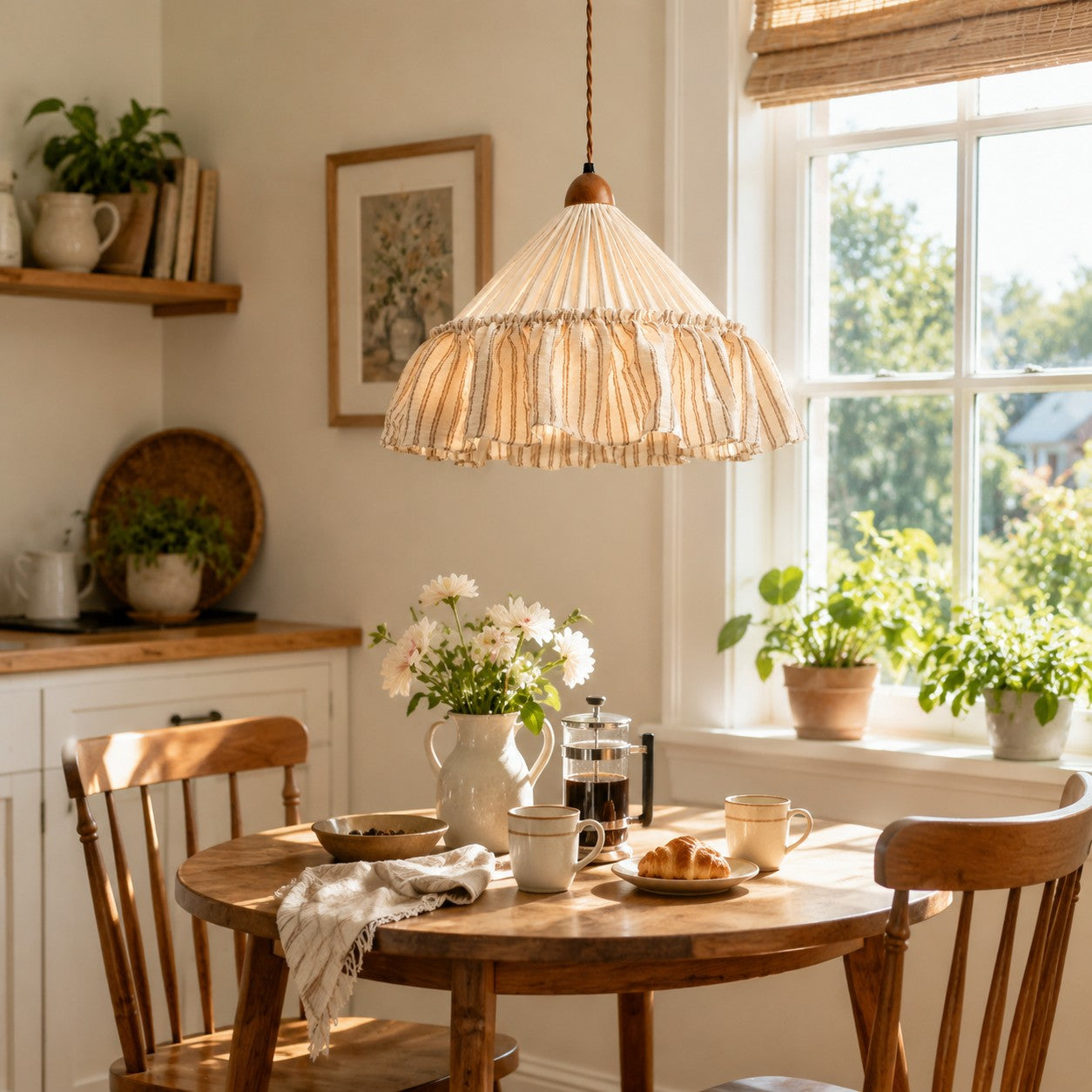 French Country Ruffled Fabric Pendant Light
