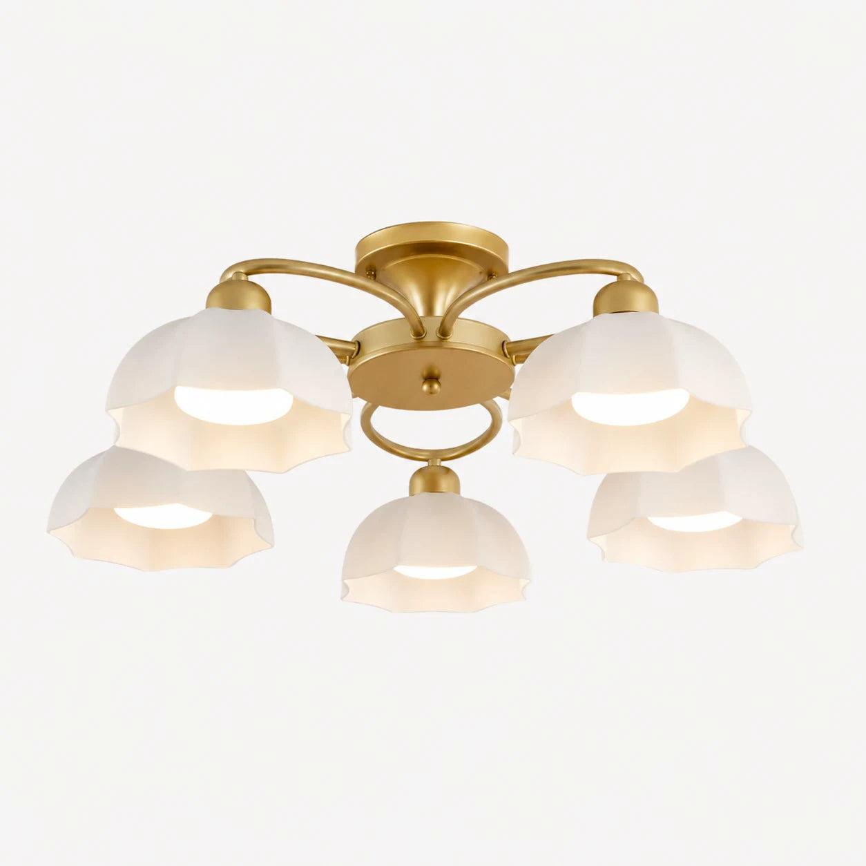 5-light brass ceiling fixture with white glass shades