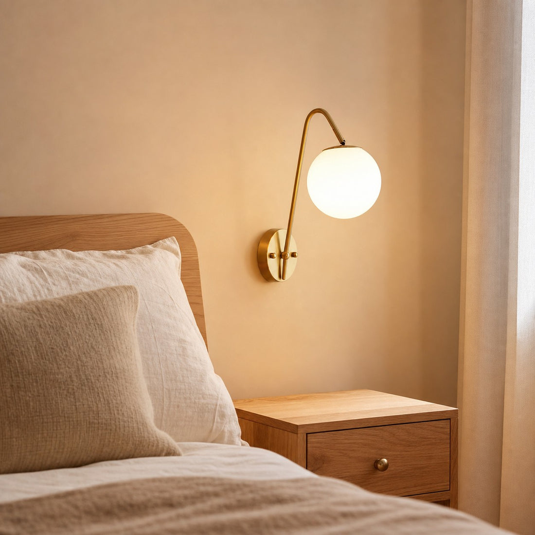 Brass glass globe wall light styled beside a bedroom wall