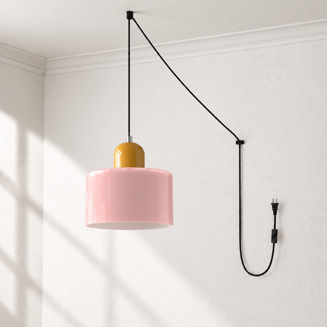 Mid-Century-Makronen-Pendelleuchte mit Stecker und Zugkabel - Bunter Lampenschirm als Hängelampe für die Wohnraumdekoration