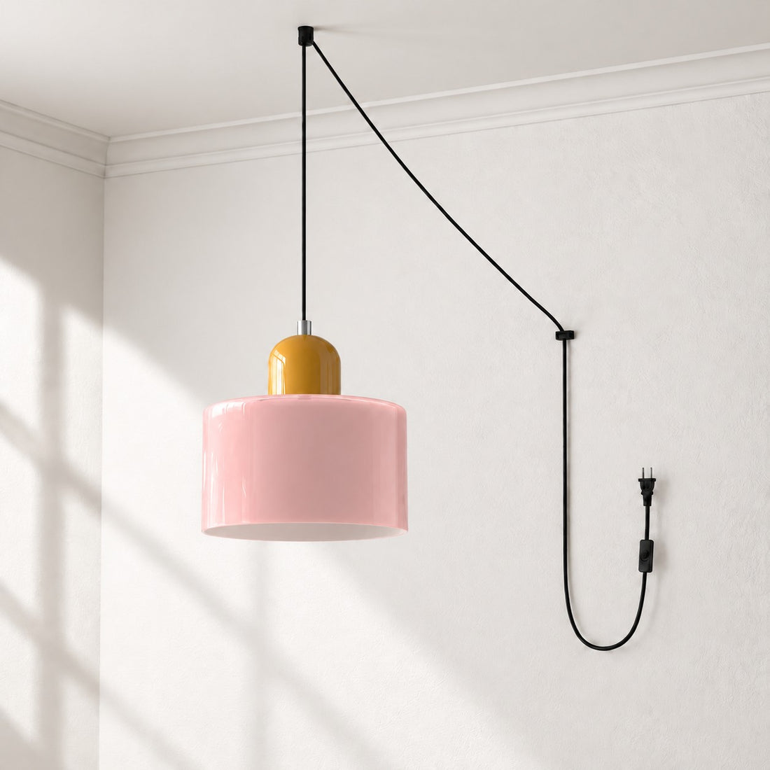 Mid-Century-Makronen-Pendelleuchte mit Stecker und Zugkabel - Bunter Lampenschirm als Hängelampe für die Wohnraumdekoration