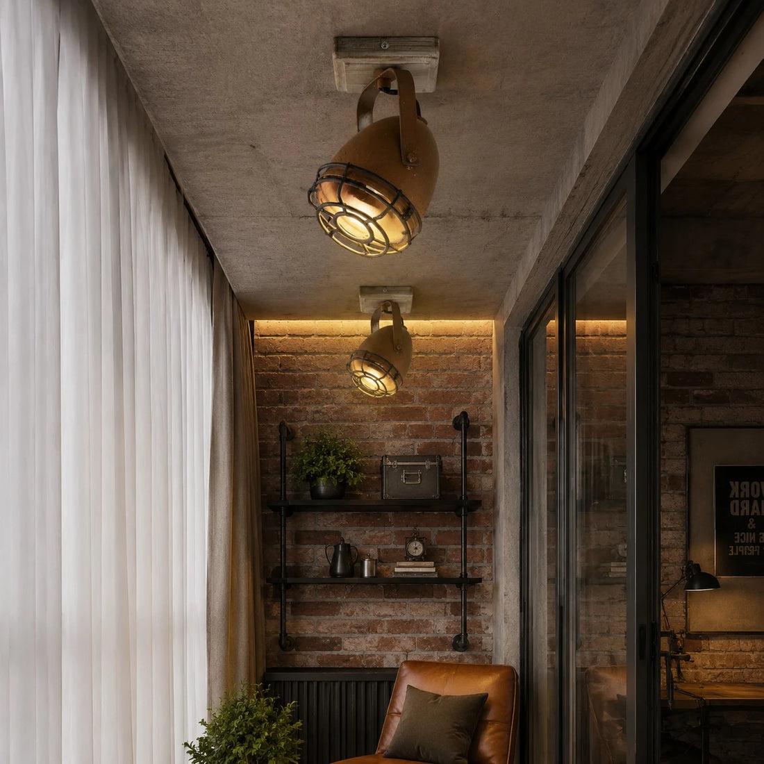 Rust ceiling spotlights in a loft style living corner