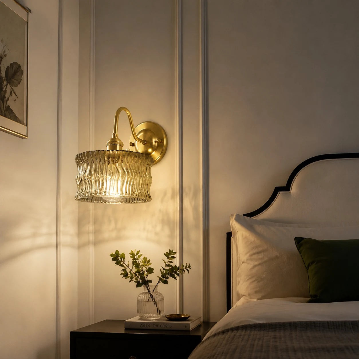 Vintage ripple glass wall light installed beside a bed
