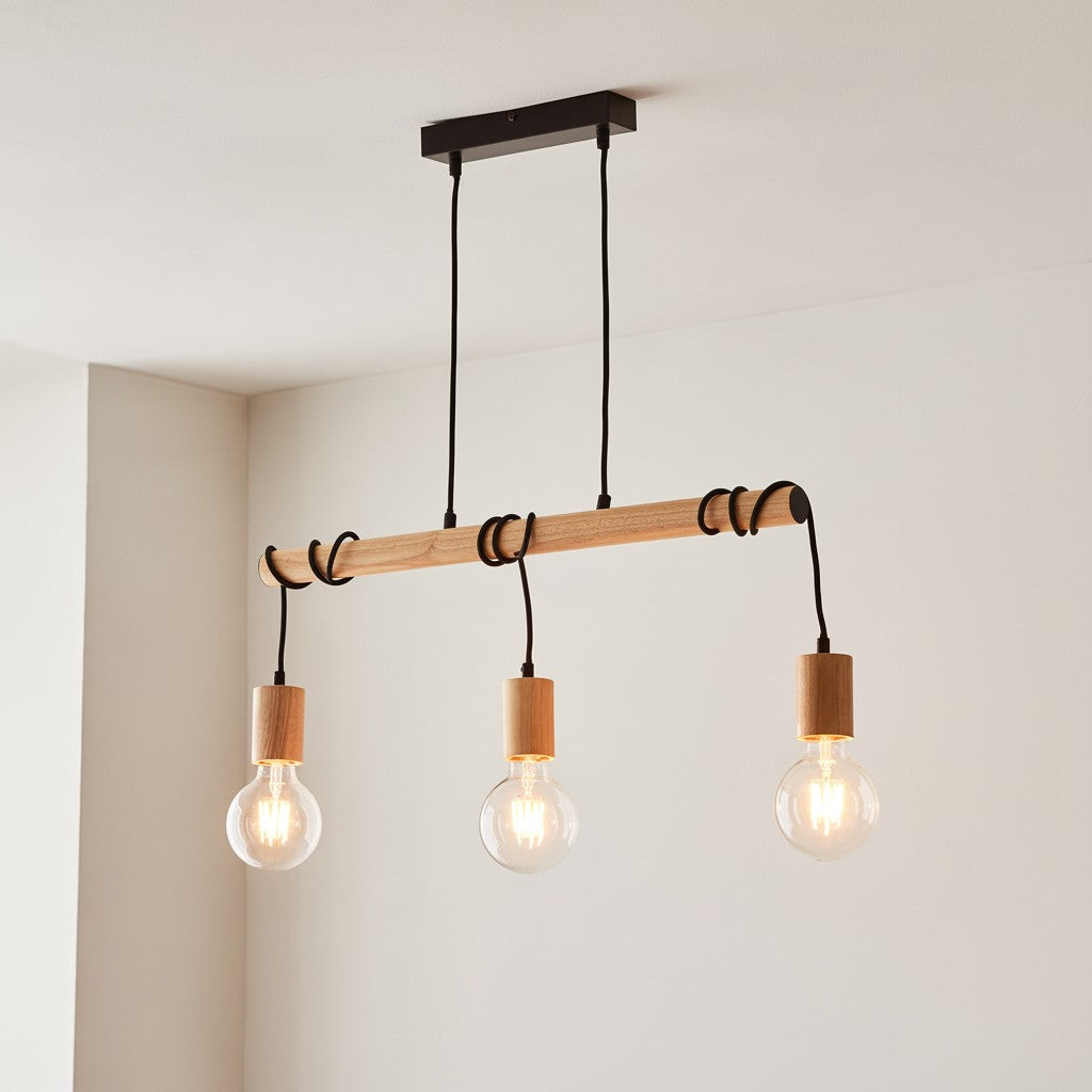 Virell Adjustable Linear Ceiling Light – 3‑Bulb Wooden and Metal Design for Kitchen Island or Office