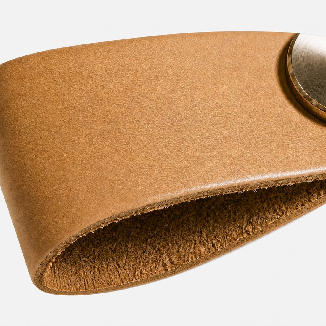 Cowhide leather and brass cabinet pull handle detail and lifestyle image