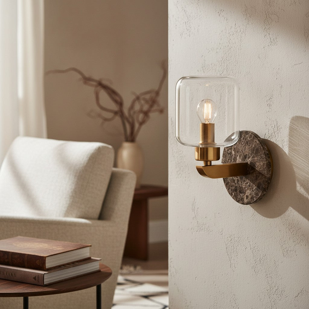 Korlisse Modern Marble Wall Light - Vintage Brass & Clear Glass Accent for Living Room and Hallway