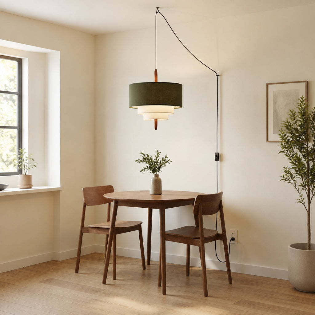 Tiered Fabric Wood Plug-In Swag Pendant