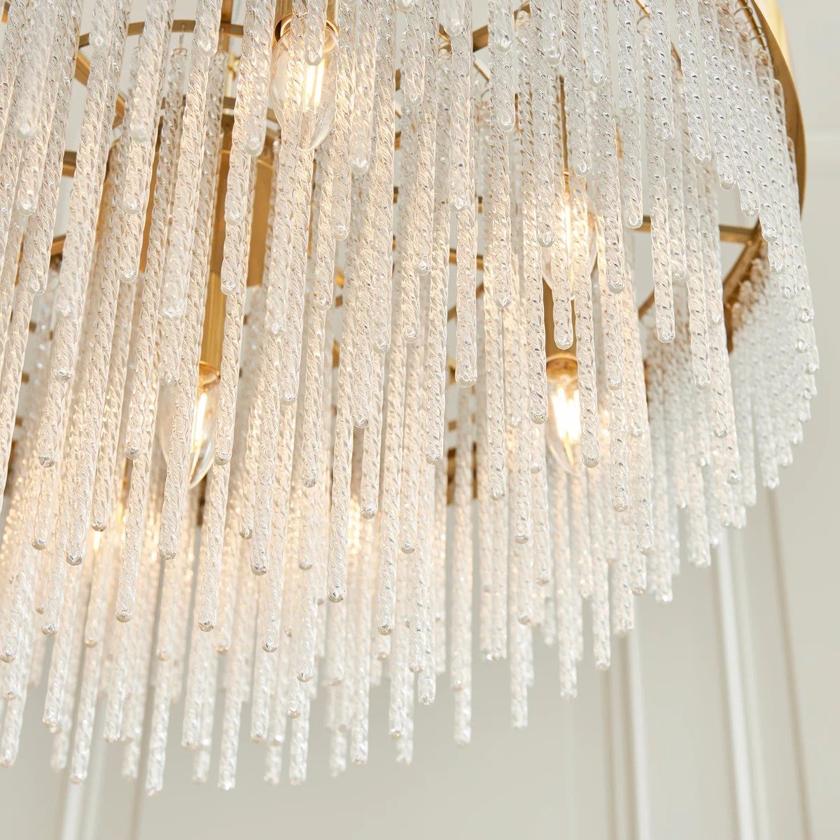 Cavara Multi-Tier Glass Rod Chandelier – Tiered Brass Pendant for Dining and Entry