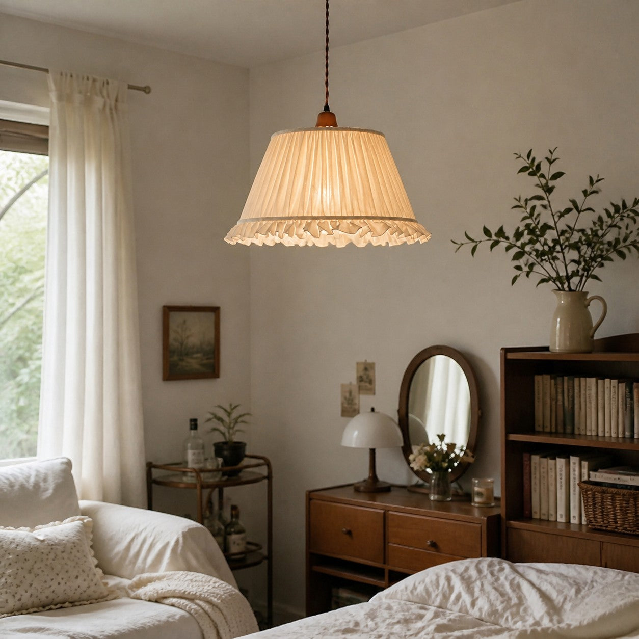 Pleated pendant light glowing in a bedroom setting