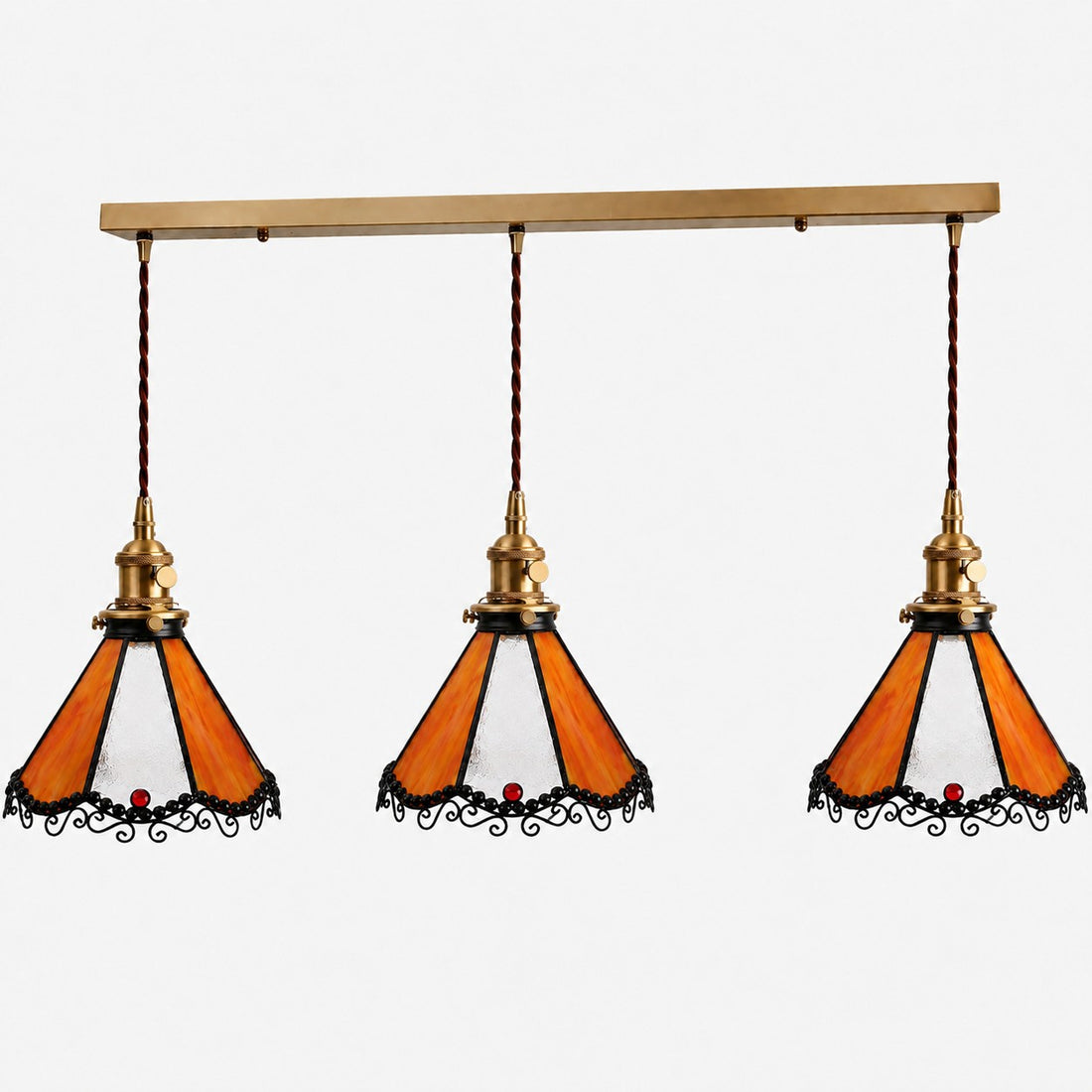 Orange three-light stained glass linear pendant