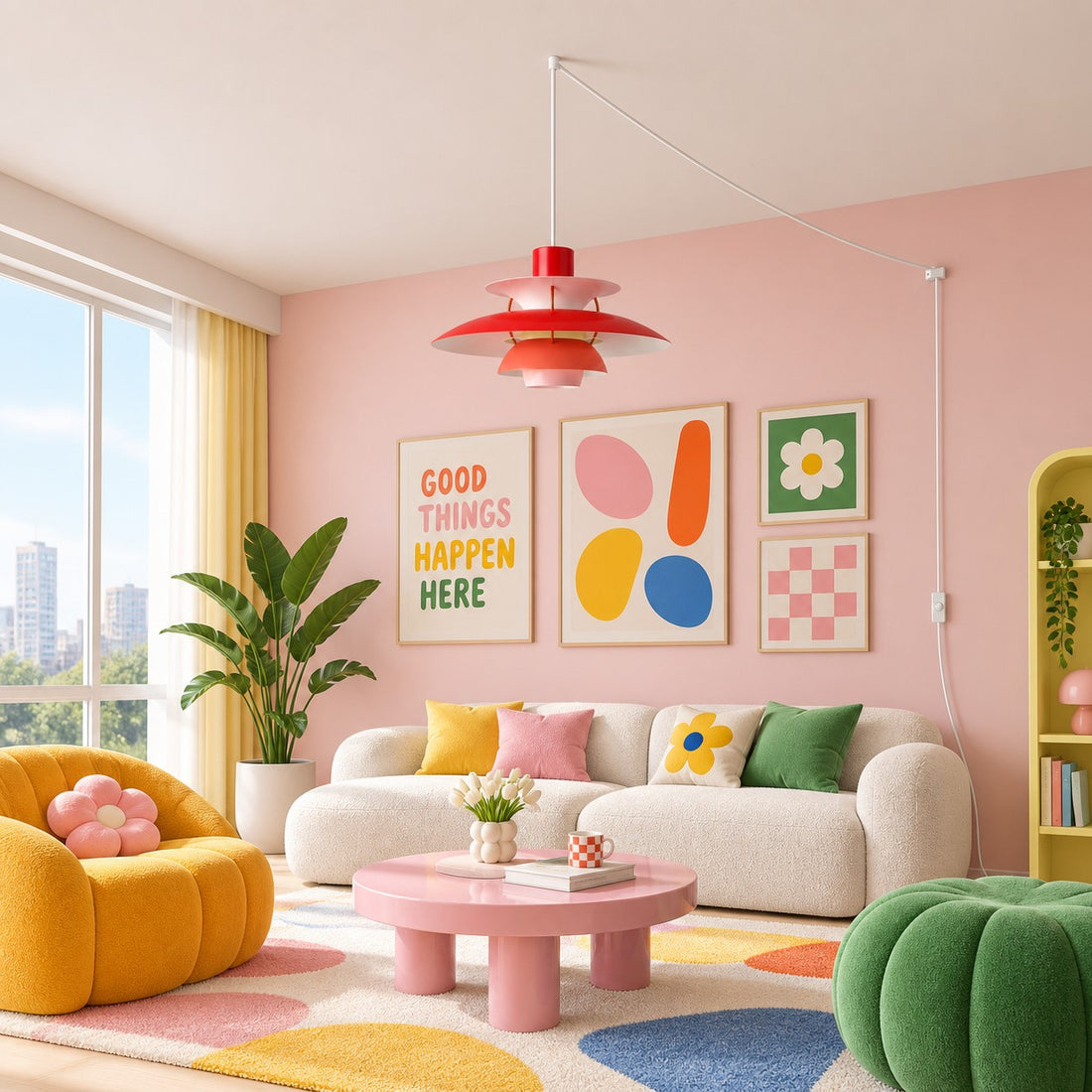 Moderne mehrlagige bunte Pendelleuchte mit Stecker und Zugkabel - Hängelampe aus Metall