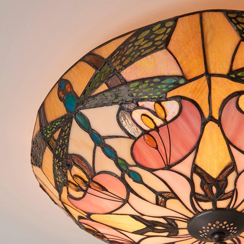 TF Ashton Tiffany Dragonfly Motif Tiffany Glass Flush Surface Mount - Transitional Style for Bedrooms and Lounge Spaces