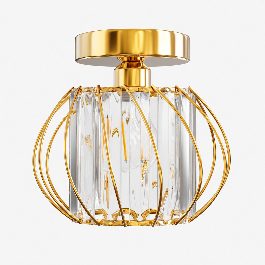 Geometric Cage Semi-Flush Mount Crystal Ceiling Light for Hallway and Entryway