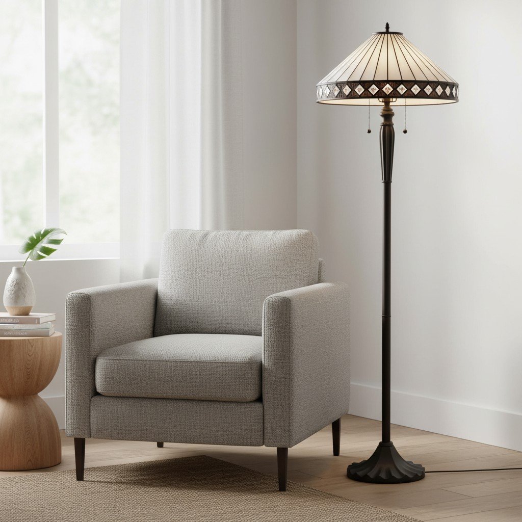 TF Fargo Geometric Tiffany Style Lamp — Amber and Cream Glass Accent Lighting for Bedroom or Study