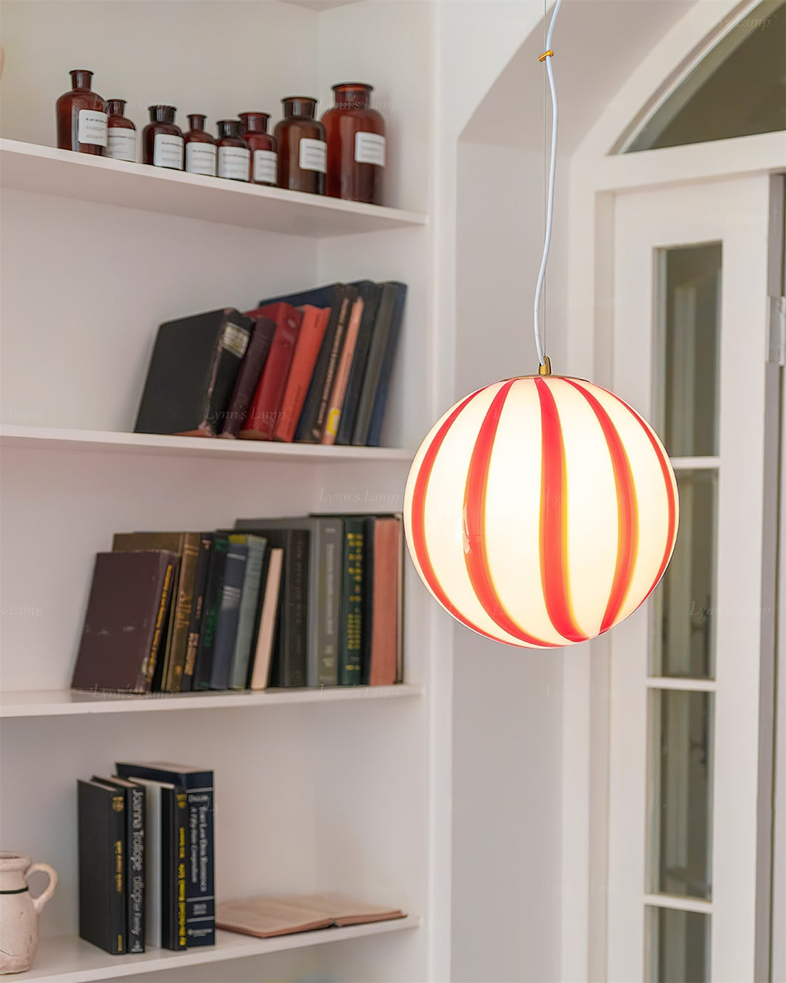 Red Striped Glass Globe Hardwired Pendant