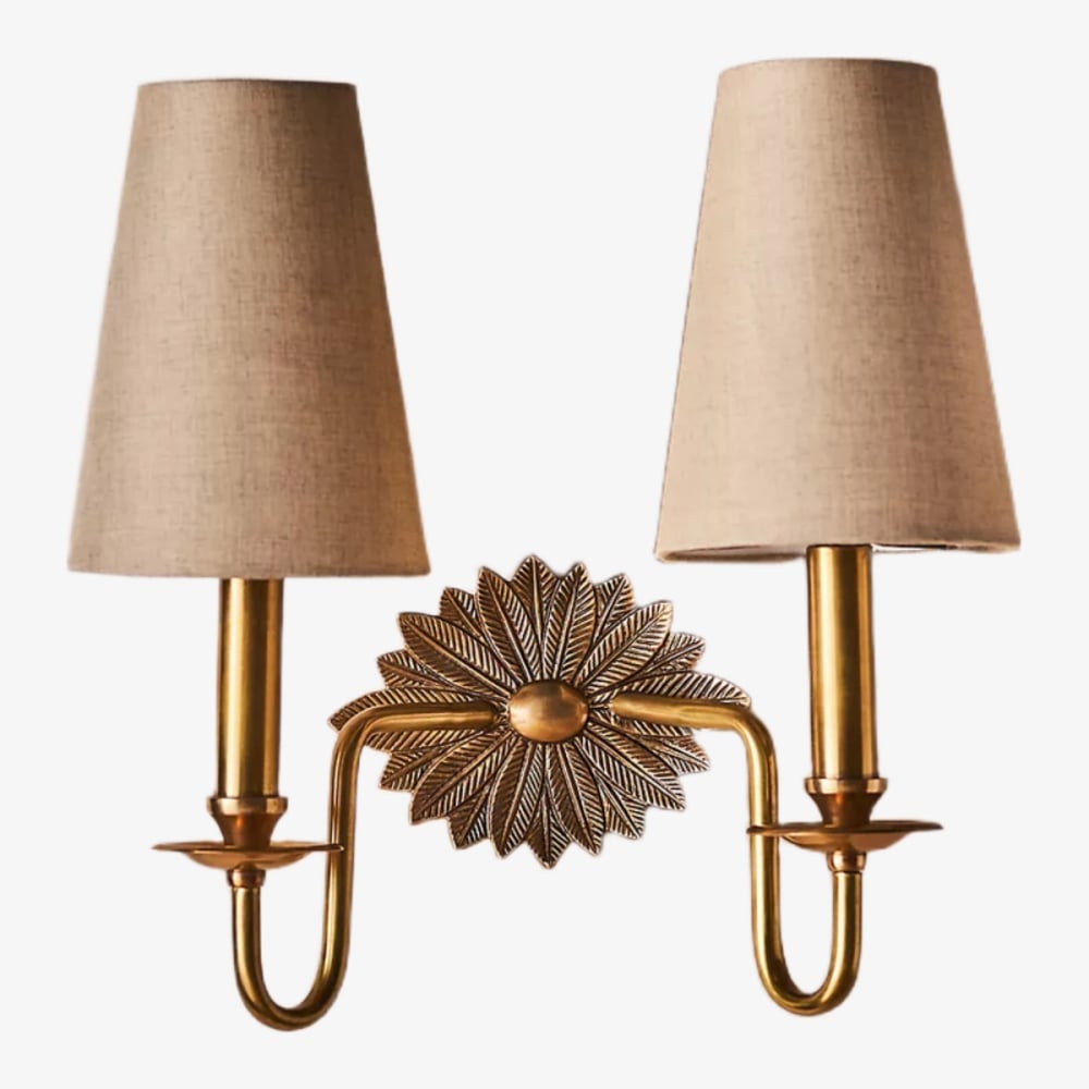 Duova Double Sconce – Antique Brass Metal and Linen Shades for Bedroom or Study