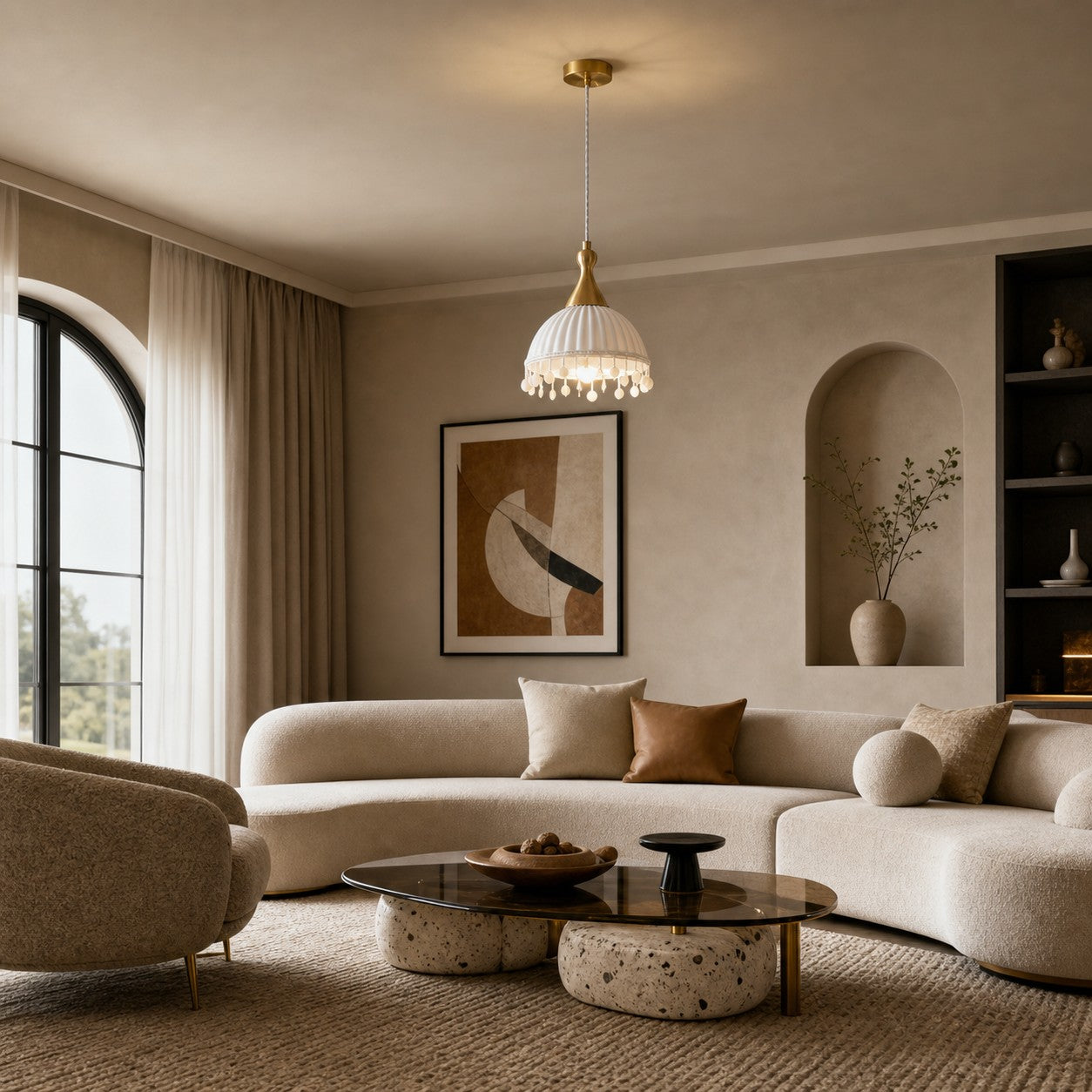 Beaded white pendant chandelier in a living room