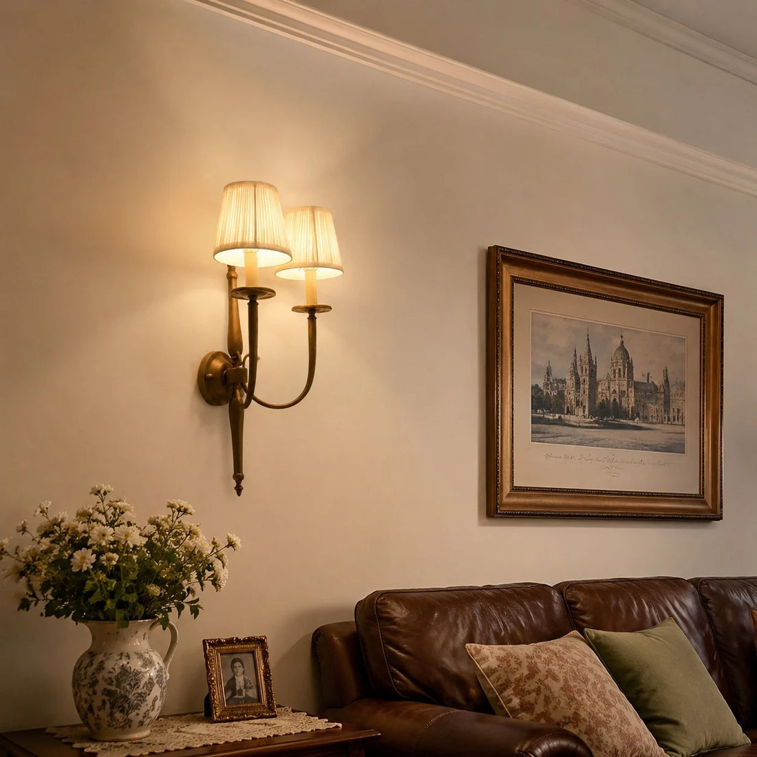 Antique brass wall sconce in a classic living room
