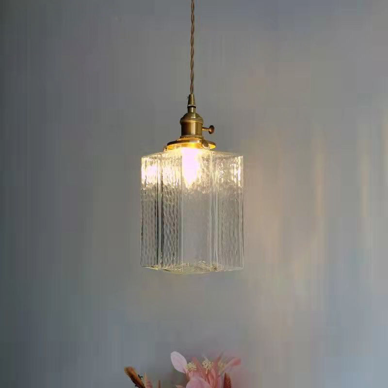 Traditionelle Vintage Quadrat Rechteck Ripple Glas Eisen 1-Licht Pendelleuchte für Wohnzimmer
