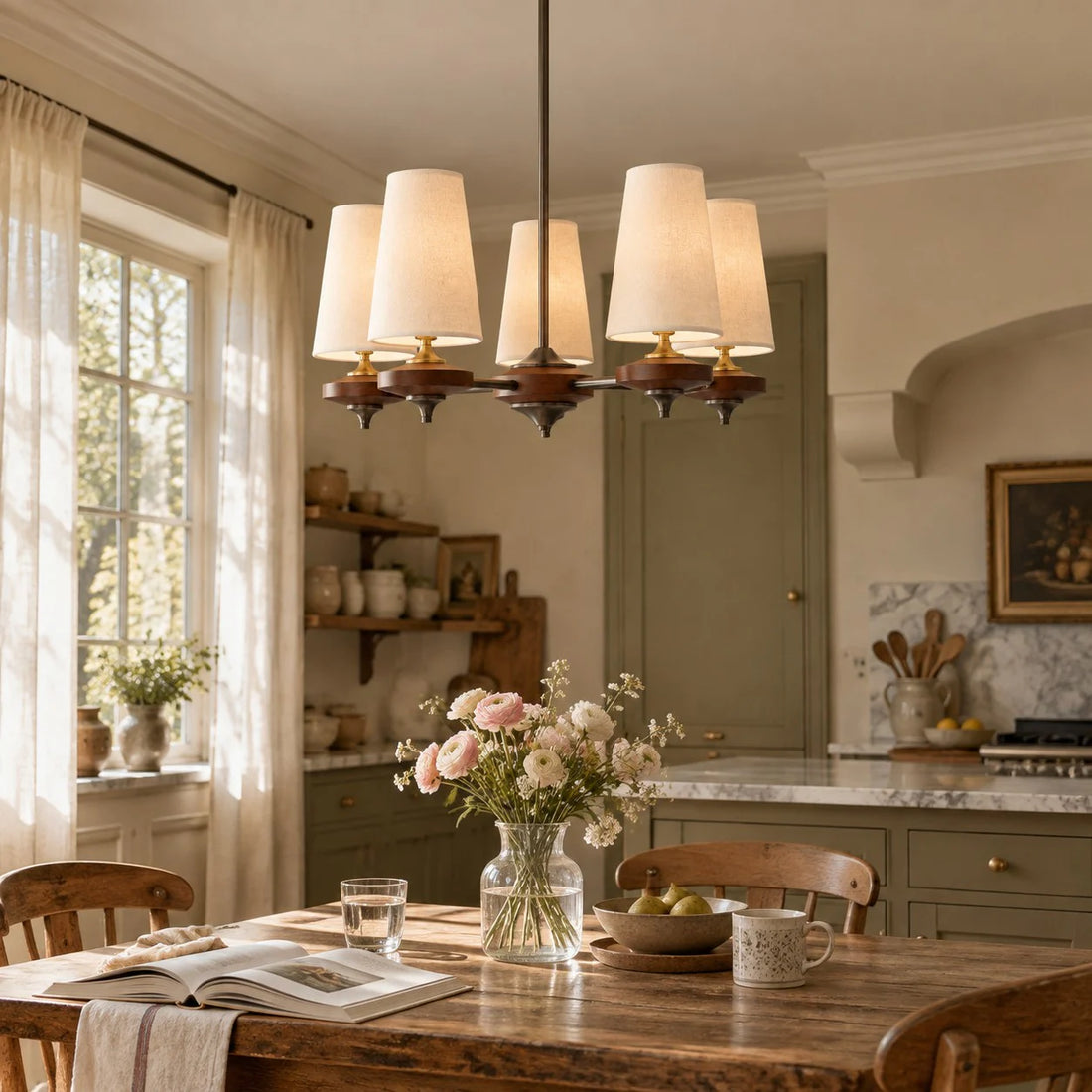 5-light Hour Rho chandelier in white velvet styled in a warm interior