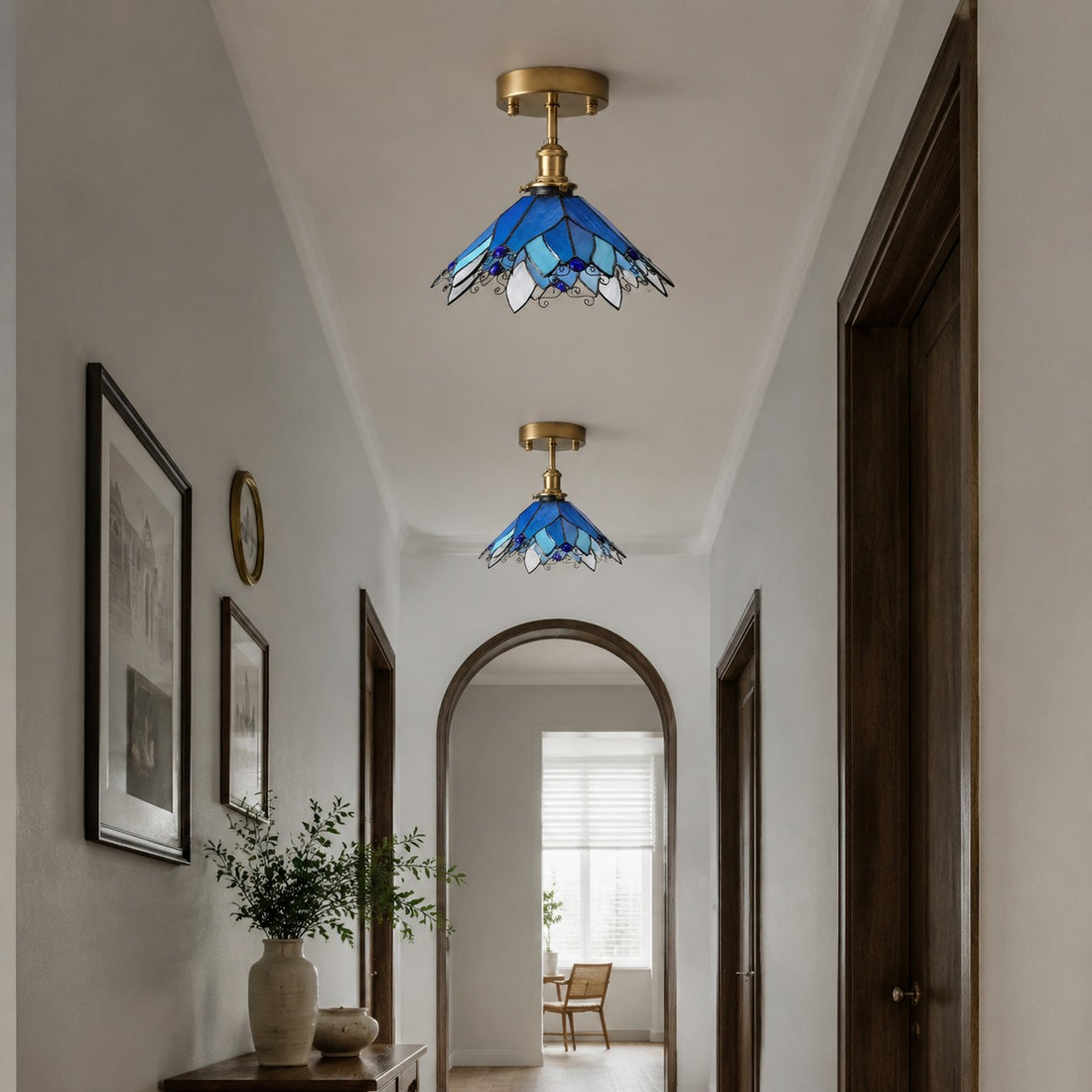 Blue Stained Glass Semi Flush Ceiling Light