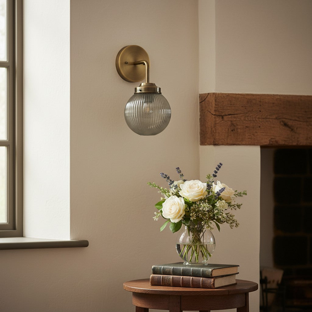 Glorica Glass Aged Brass Wall Sconce - Ribbed Glass Shade Industrial Style Lighting