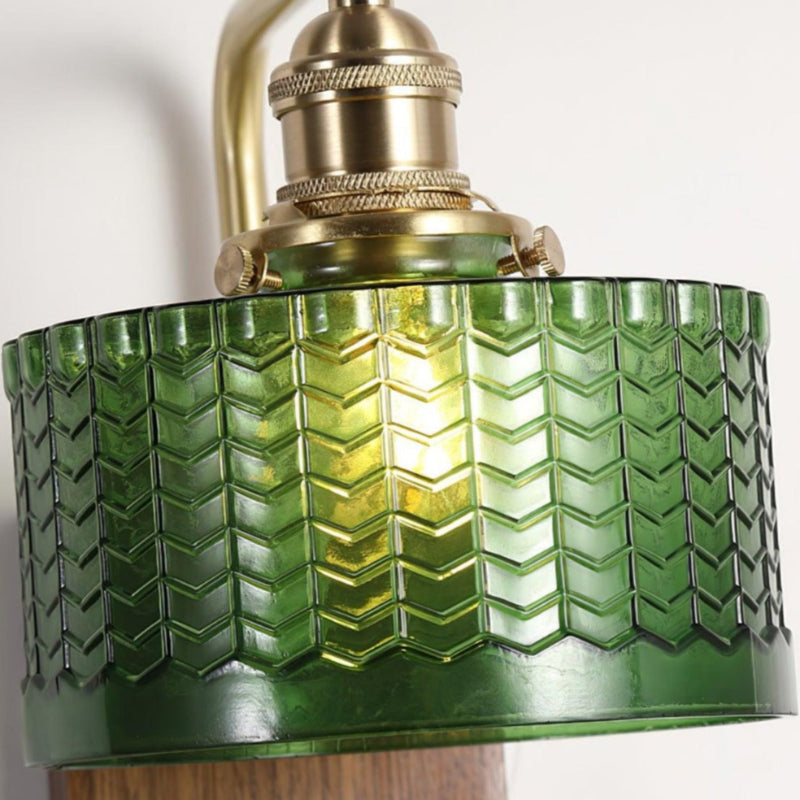 Vintage Ripple Glass Wooden Base Wall Sconce Bedside Lamp with Plug
